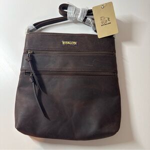 Estalon Women's Genuine Leather Cross Over Hand Bag Crossbody Brown